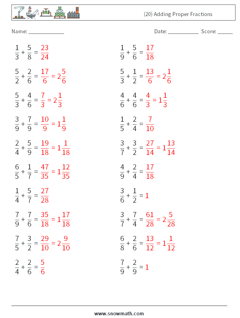 (20) Adding Proper Fractions Math Worksheets 2 Question, Answer