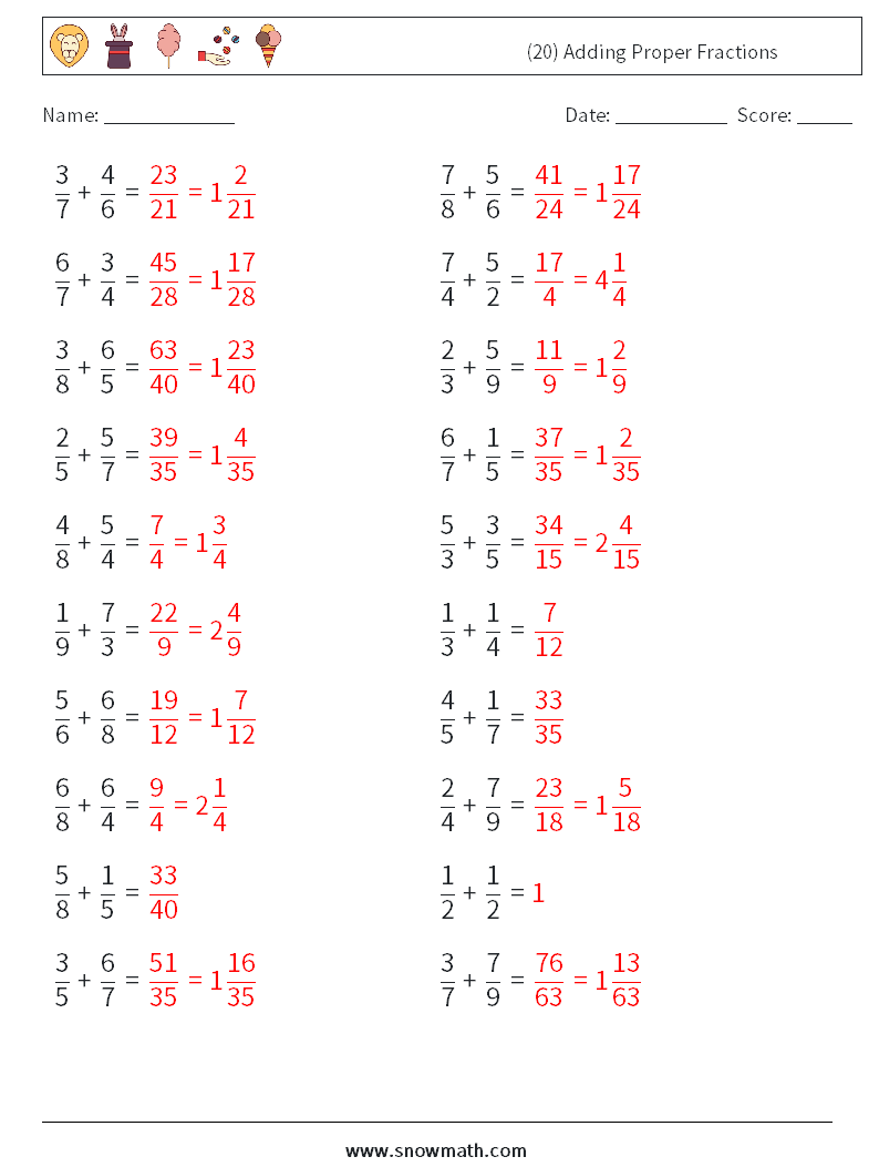 (20) Adding Proper Fractions Math Worksheets 3 Question, Answer