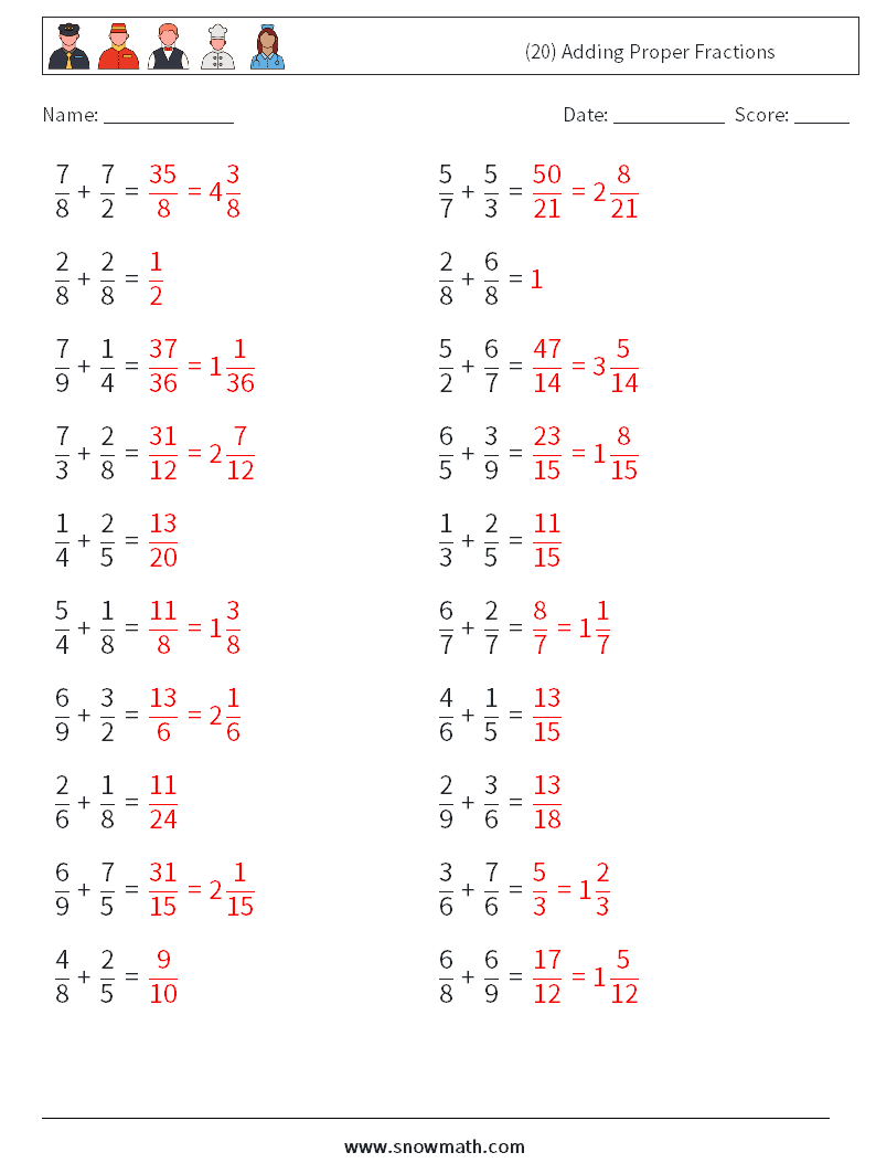 (20) Adding Proper Fractions Math Worksheets 4 Question, Answer