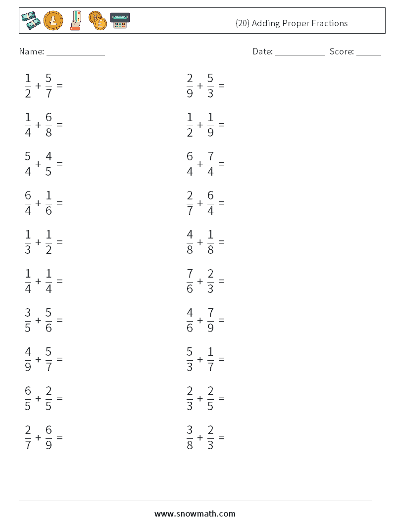 (20) Adding Proper Fractions Math Worksheets 5
