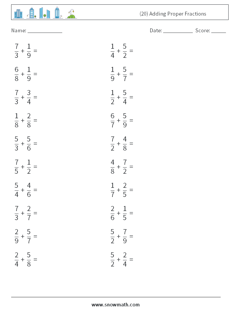 (20) Adding Proper Fractions Math Worksheets 6