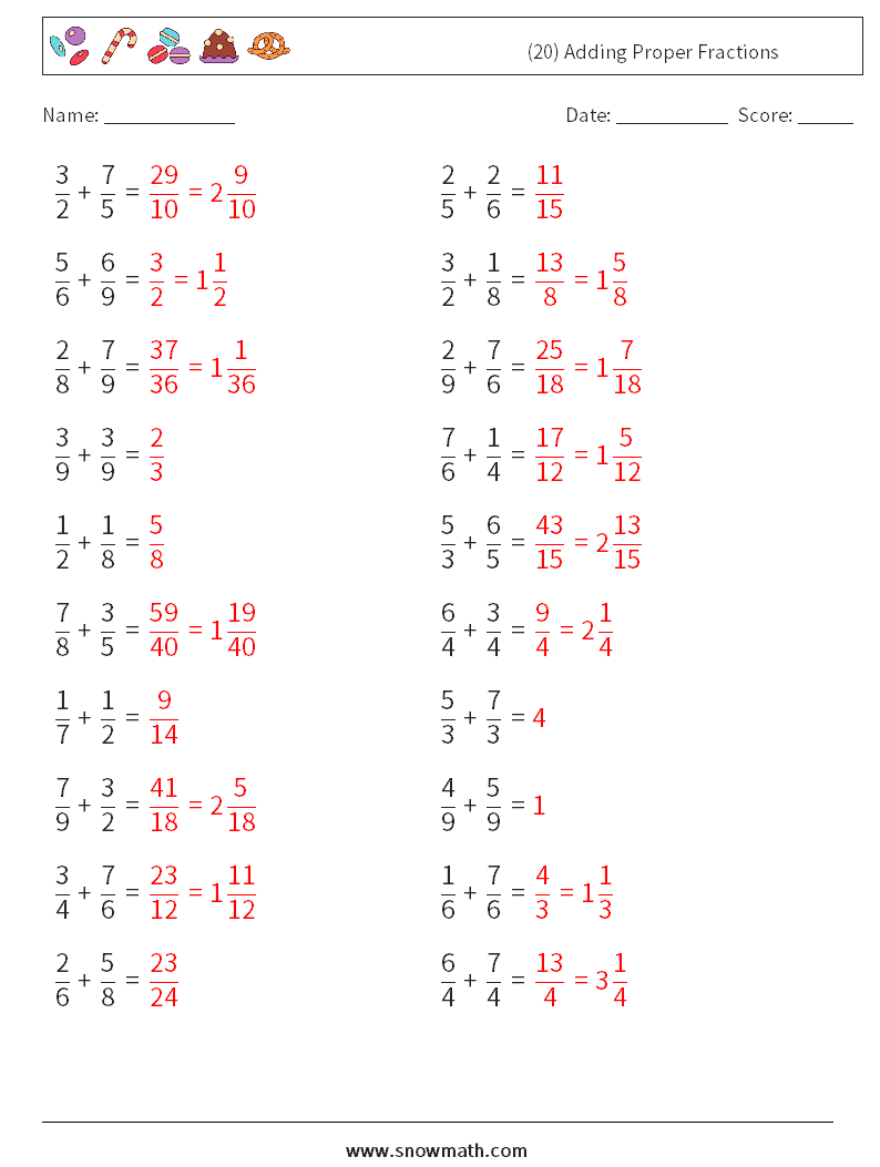 (20) Adding Proper Fractions Math Worksheets 7 Question, Answer