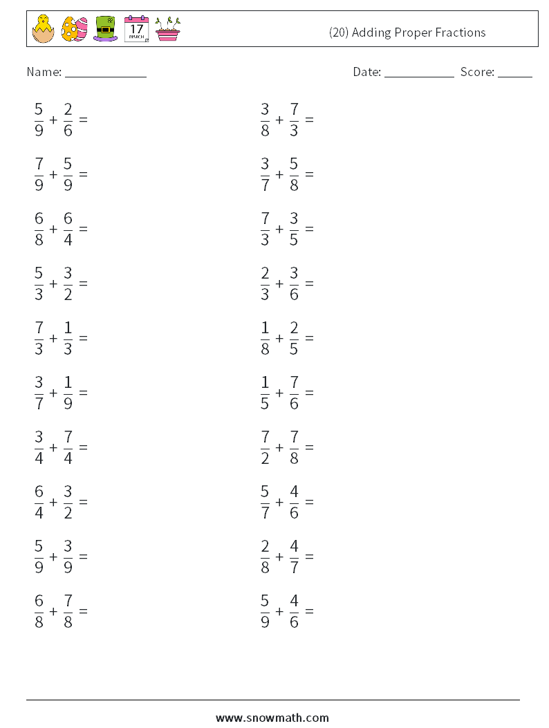 (20) Adding Proper Fractions Math Worksheets 8