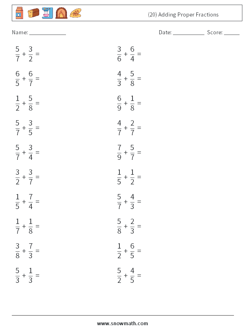 (20) Adding Proper Fractions Math Worksheets 9