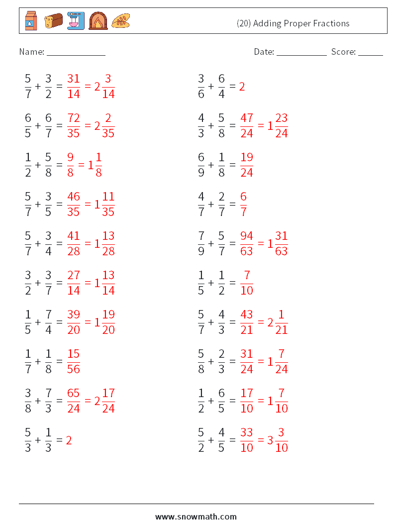 (20) Adding Proper Fractions Math Worksheets 9 Question, Answer