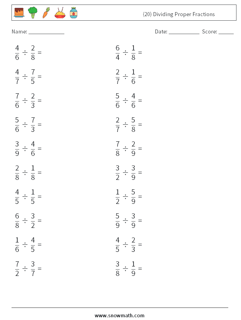 (20) Dividing Proper Fractions Math Worksheets 11