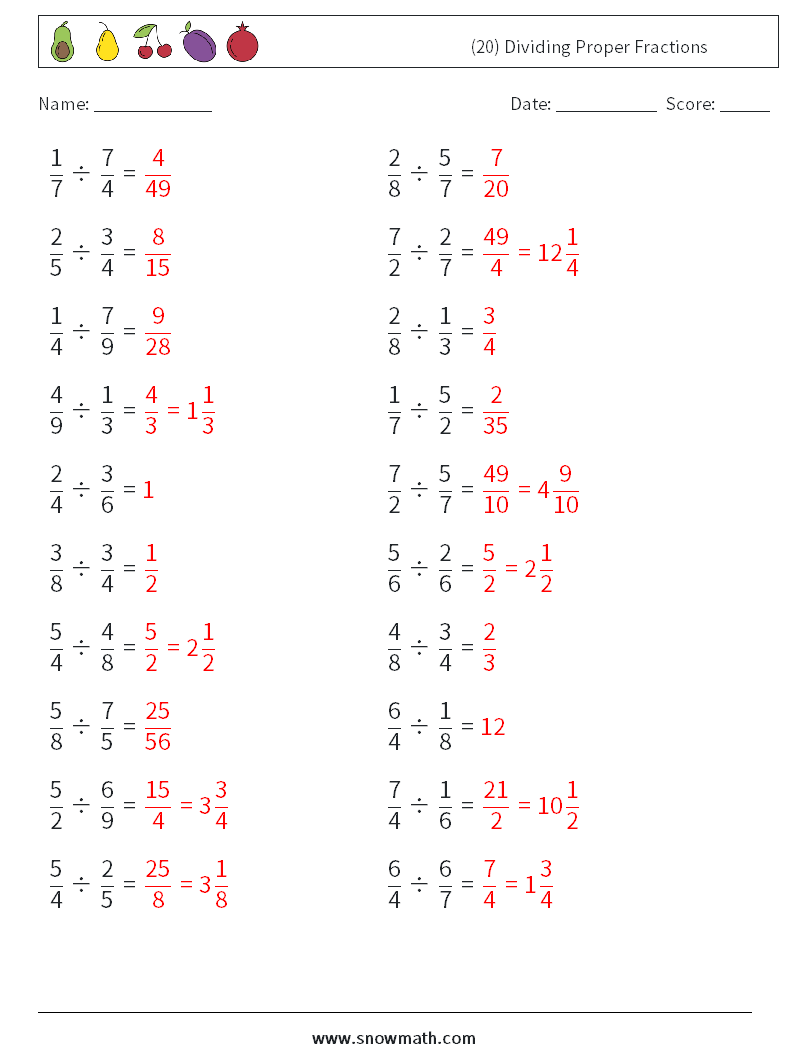 (20) Dividing Proper Fractions Math Worksheets 18 Question, Answer