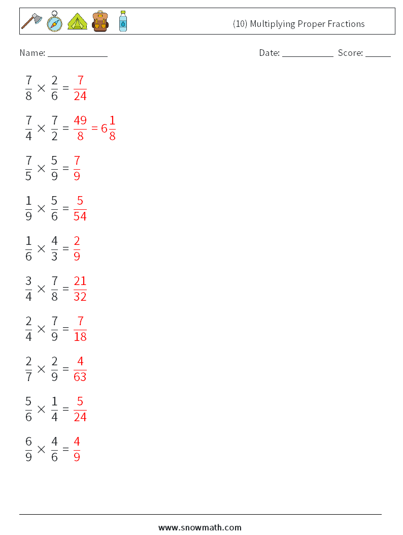 (10) Multiplying Proper Fractions Math Worksheets 17 Question, Answer