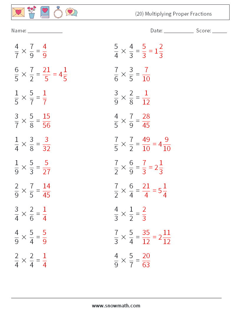 (20) Multiplying Proper Fractions Math Worksheets 14 Question, Answer