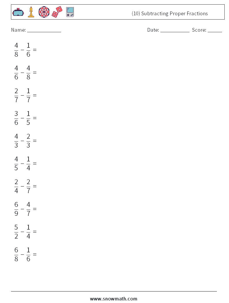 (10) Subtracting Proper Fractions Math Worksheets 1