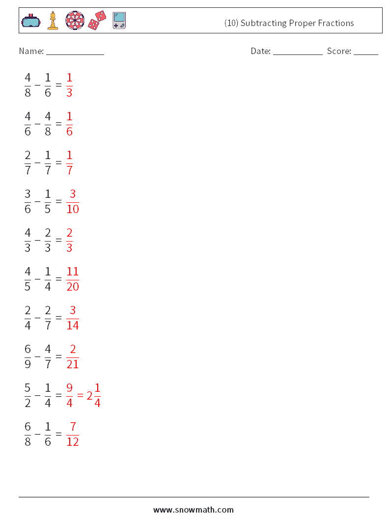 (10) Subtracting Proper Fractions Math Worksheets 1 Question, Answer
