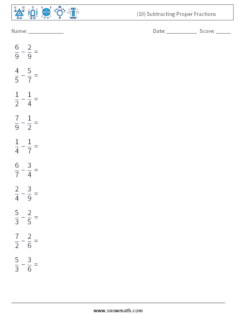 (10) Subtracting Proper Fractions Math Worksheets 3
