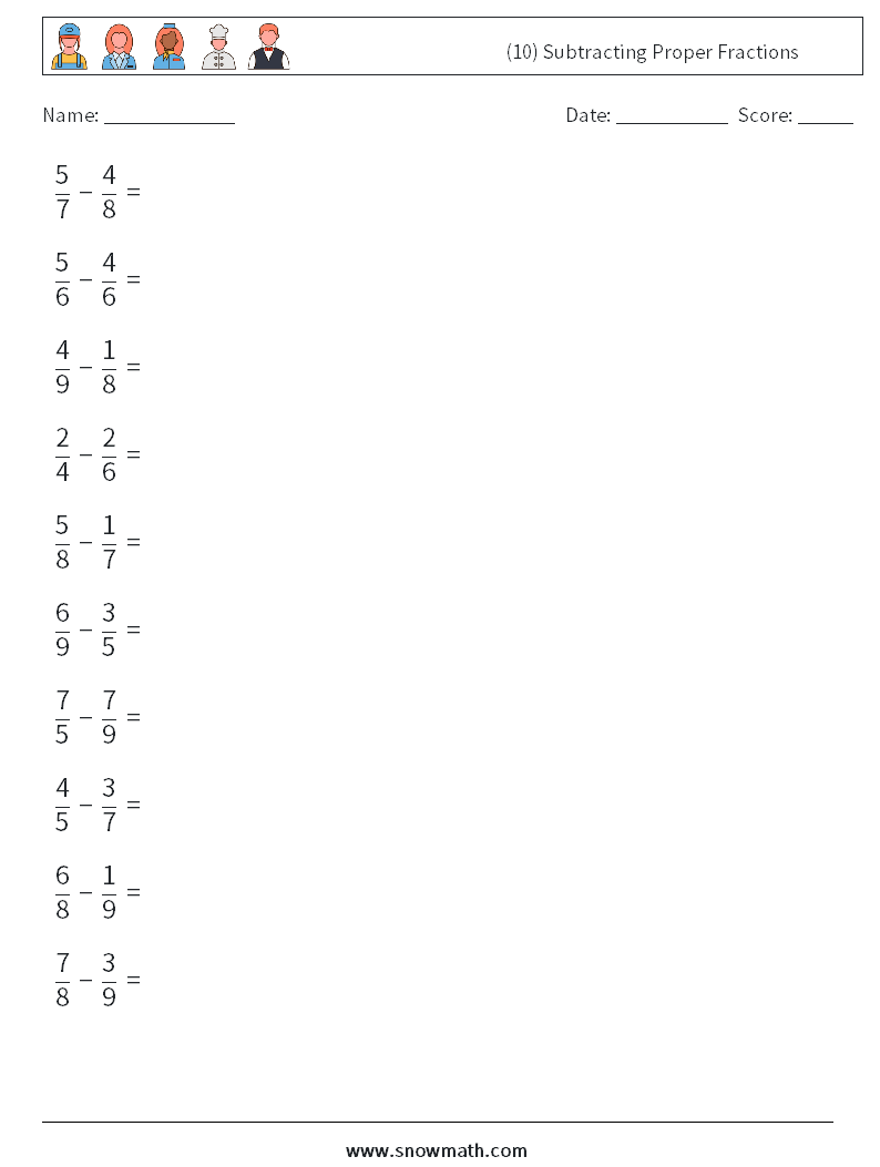 (10) Subtracting Proper Fractions Math Worksheets 4