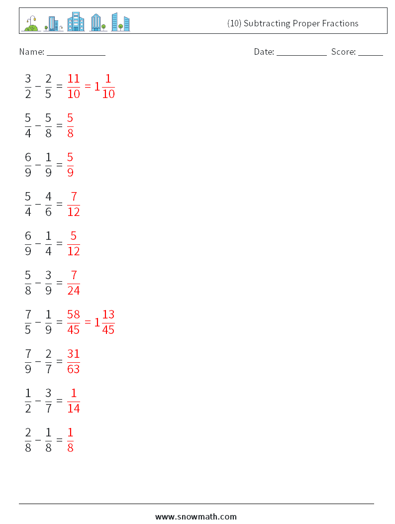 (10) Subtracting Proper Fractions Math Worksheets 7 Question, Answer