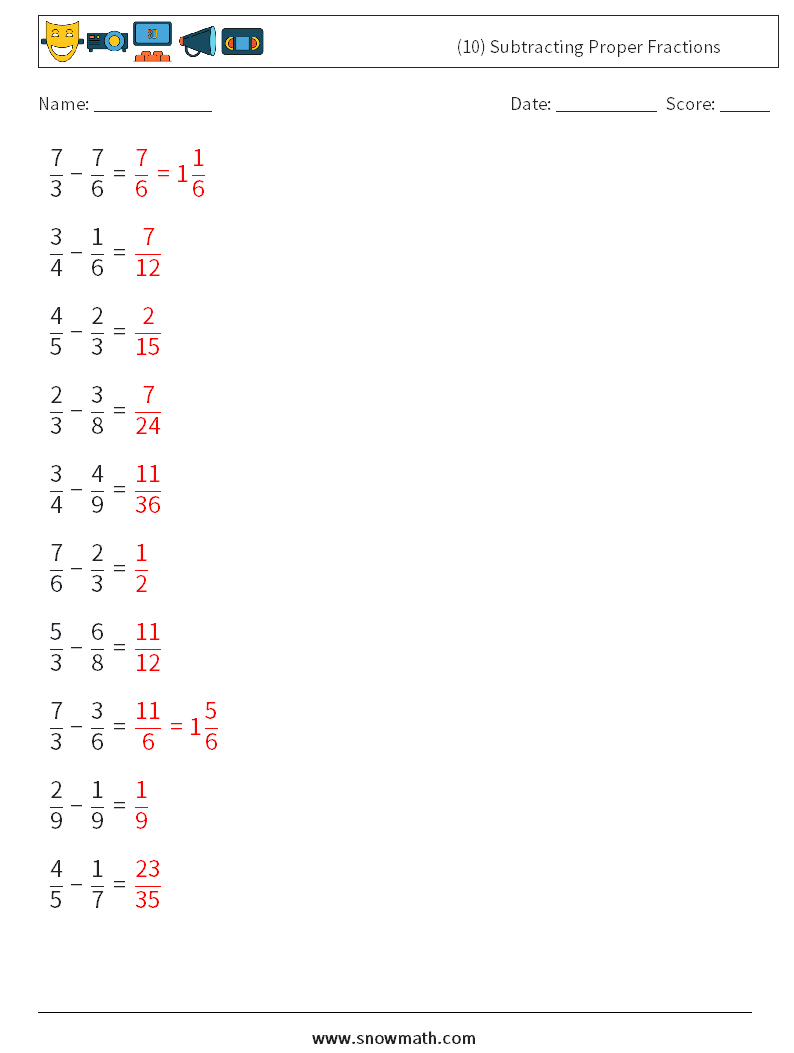 (10) Subtracting Proper Fractions Math Worksheets 9 Question, Answer
