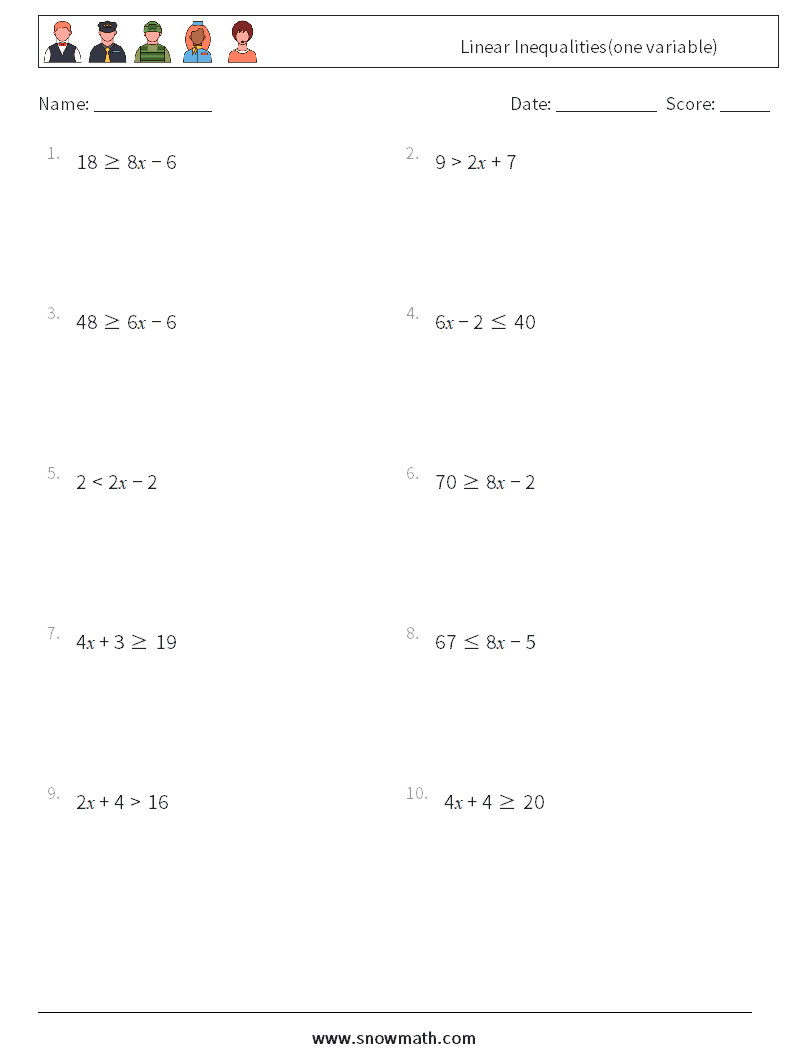Linear Inequalities(one variable) Math Worksheets 1