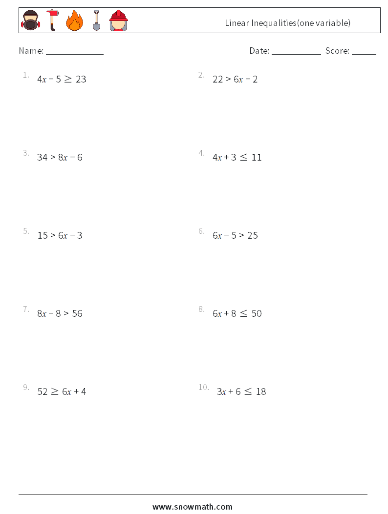 Linear Inequalities(one variable) Math Worksheets 3