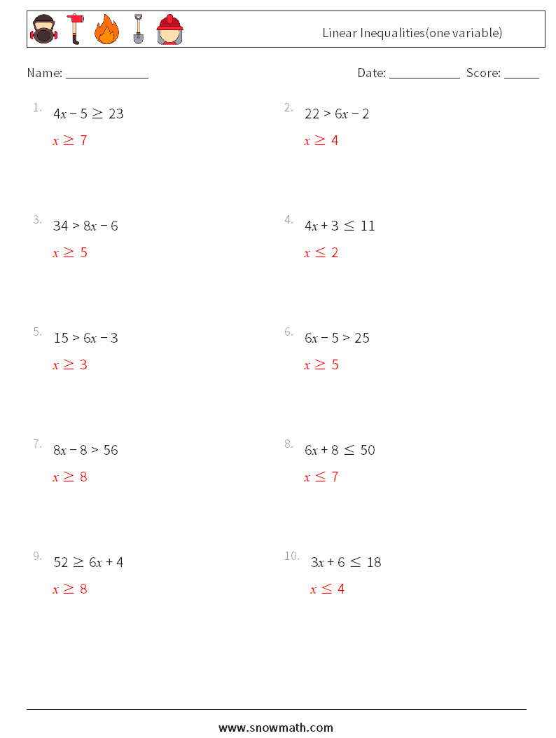 Linear Inequalities(one variable) Math Worksheets 3 Question, Answer