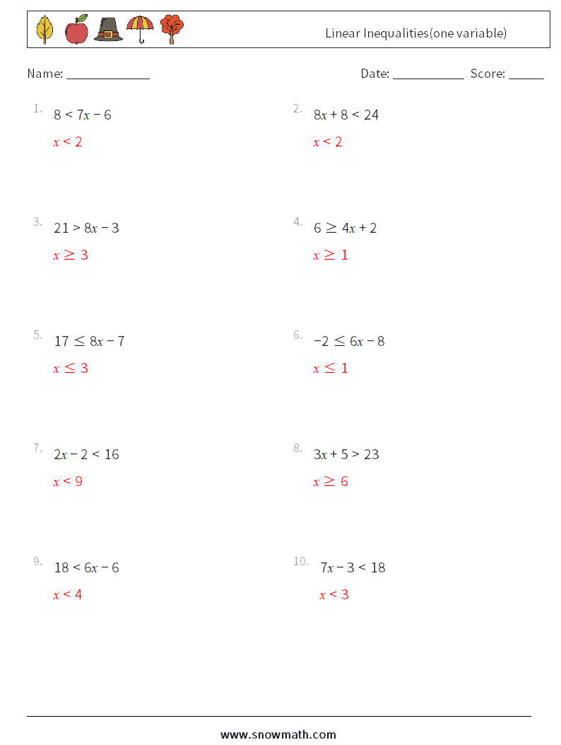 Linear Inequalities(one variable) Math Worksheets 4 Question, Answer