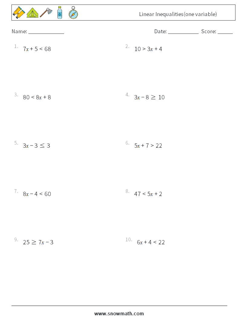 Linear Inequalities(one variable) Math Worksheets 6