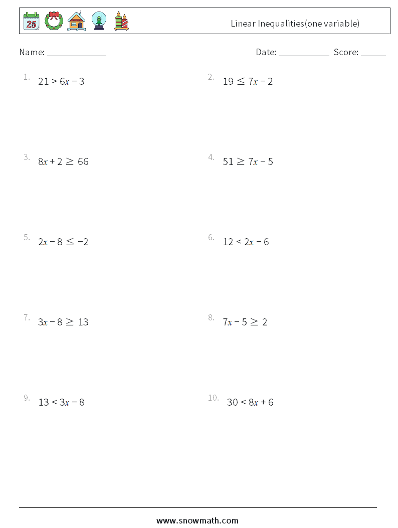 Linear Inequalities(one variable) Math Worksheets 7