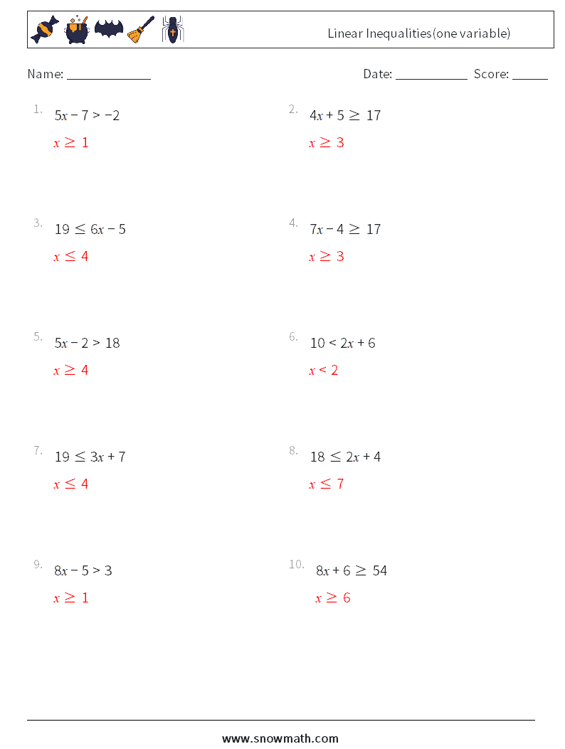 Linear Inequalities(one variable) Math Worksheets 8 Question, Answer