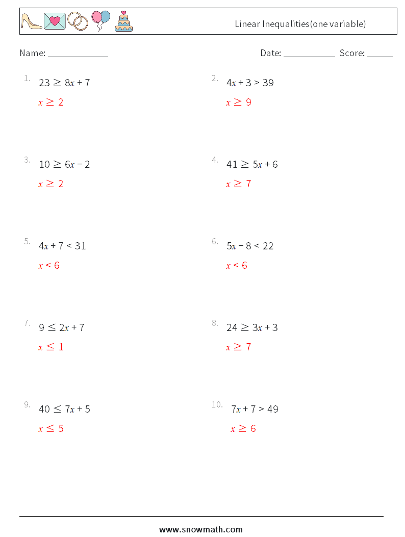 Linear Inequalities(one variable) Math Worksheets 9 Question, Answer
