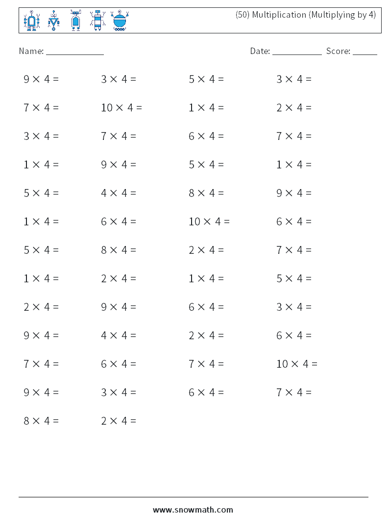 (50) Multiplication (Multiplying by 4) Math Worksheets 1