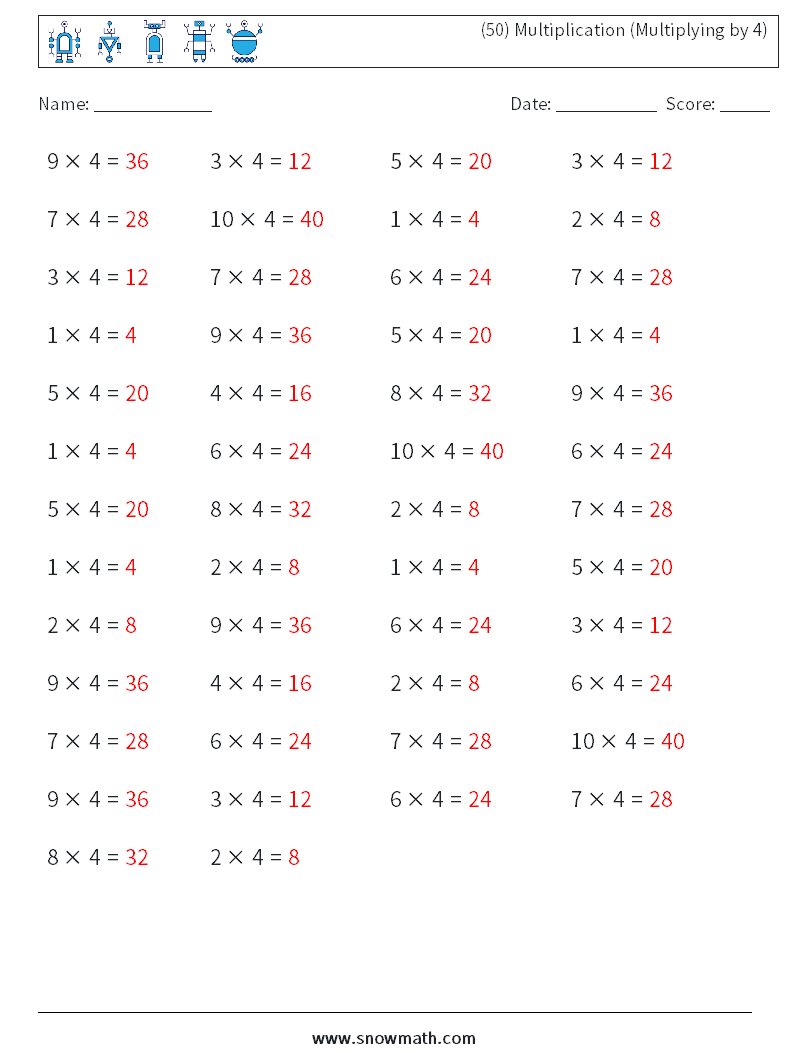 (50) Multiplication (Multiplying by 4) Math Worksheets 1 Question, Answer