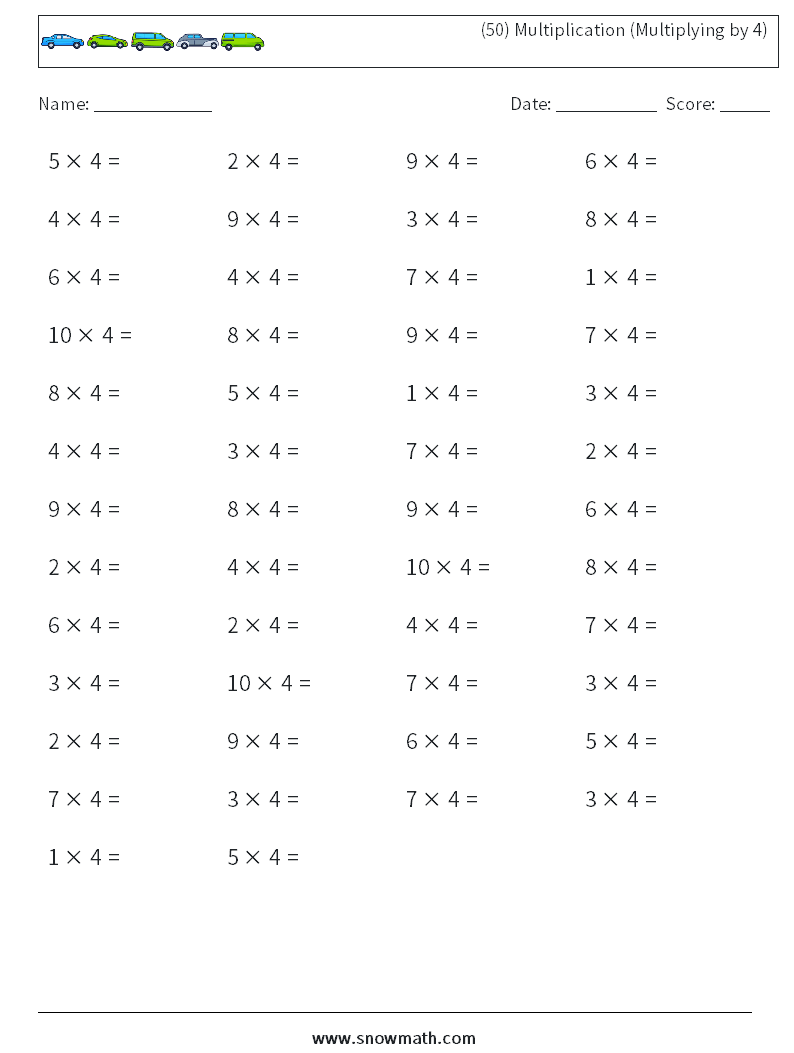 (50) Multiplication (Multiplying by 4) Math Worksheets 2