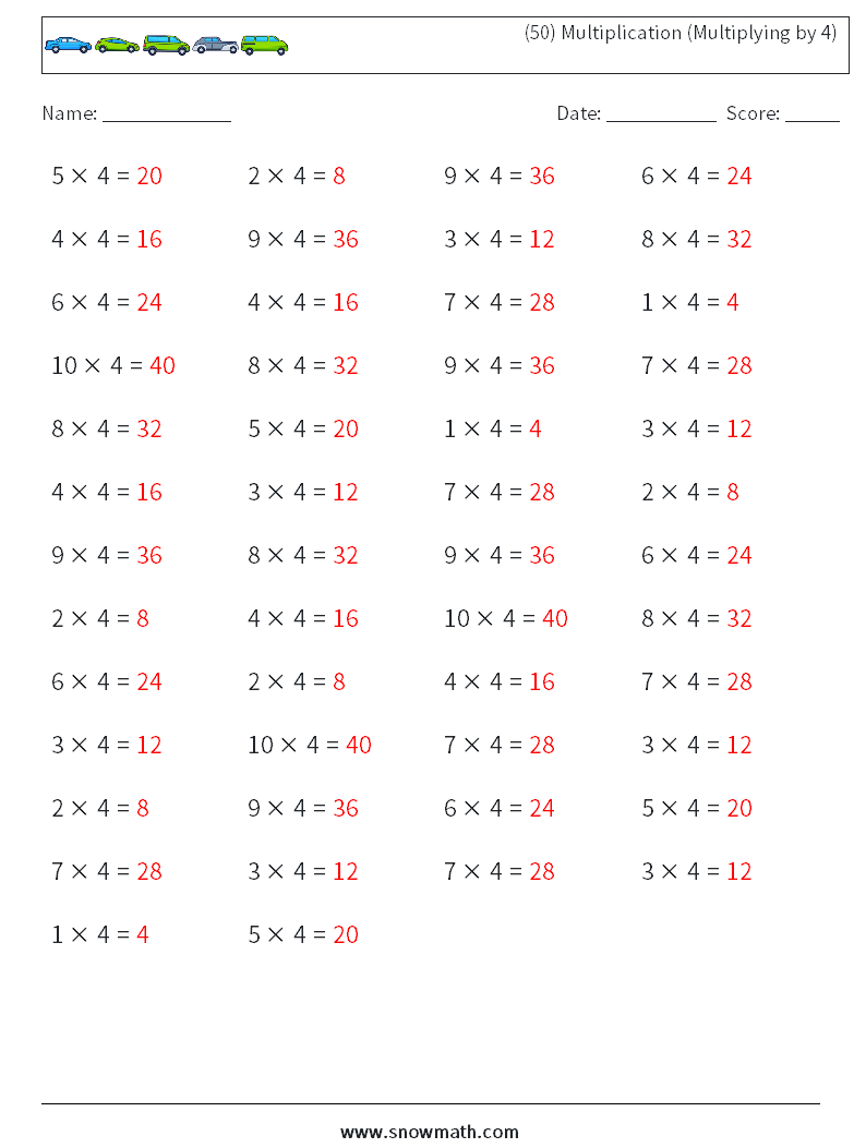 (50) Multiplication (Multiplying by 4) Math Worksheets 2 Question, Answer