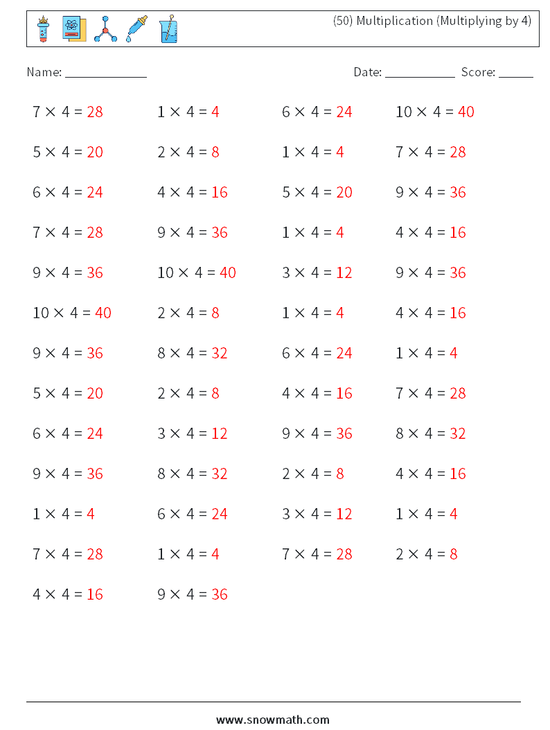 (50) Multiplication (Multiplying by 4) Math Worksheets 3 Question, Answer