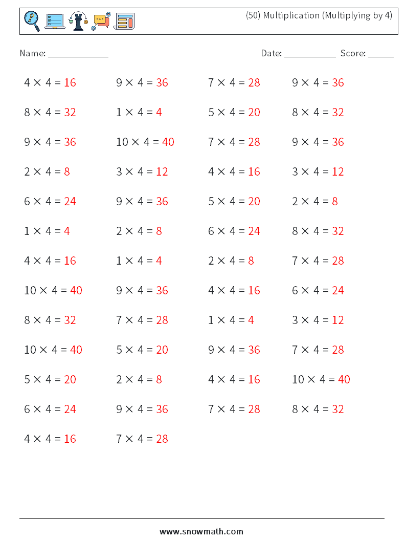 (50) Multiplication (Multiplying by 4) Math Worksheets 4 Question, Answer