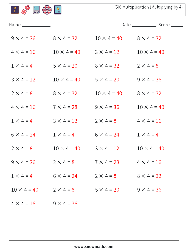 (50) Multiplication (Multiplying by 4) Math Worksheets 6 Question, Answer