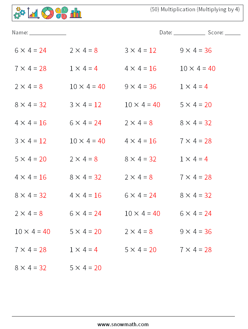 (50) Multiplication (Multiplying by 4) Math Worksheets 7 Question, Answer
