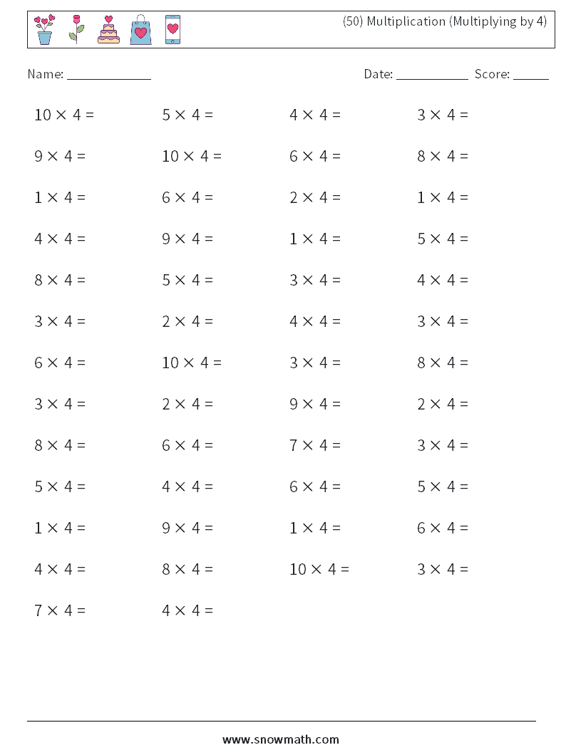 (50) Multiplication (Multiplying by 4) Math Worksheets 8