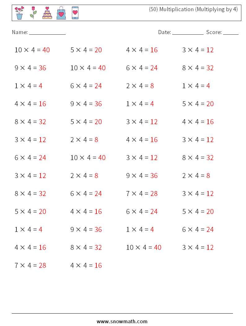 (50) Multiplication (Multiplying by 4) Math Worksheets 8 Question, Answer