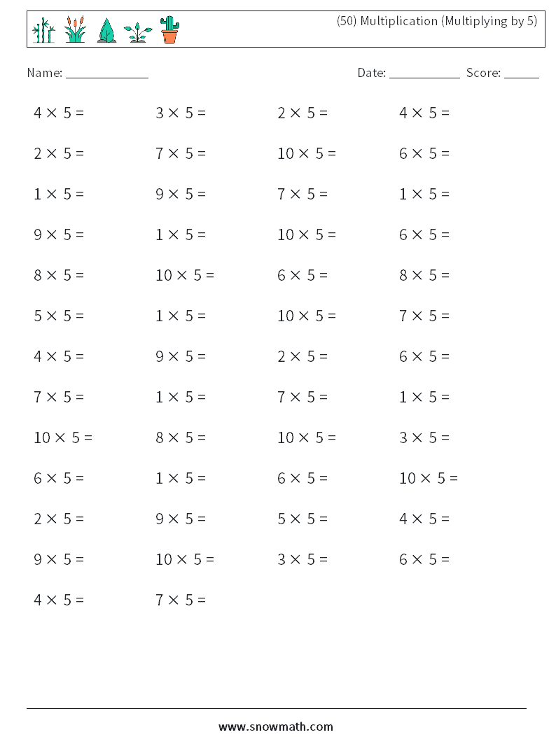 (50) Multiplication (Multiplying by 5) Math Worksheets 5