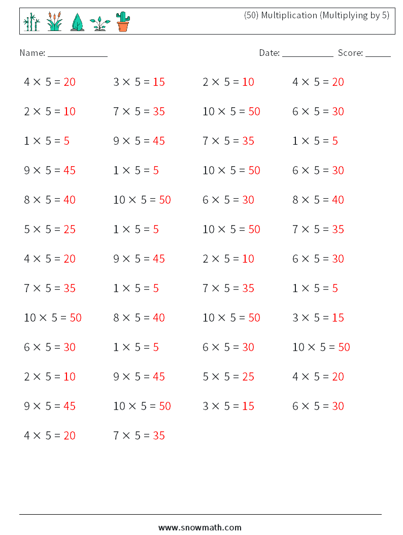 (50) Multiplication (Multiplying by 5) Math Worksheets 5 Question, Answer