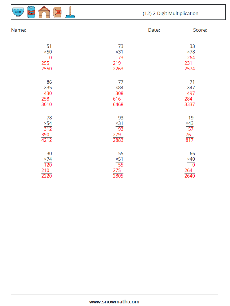 (12) 2-Digit Multiplication Math Worksheets 10 Question, Answer