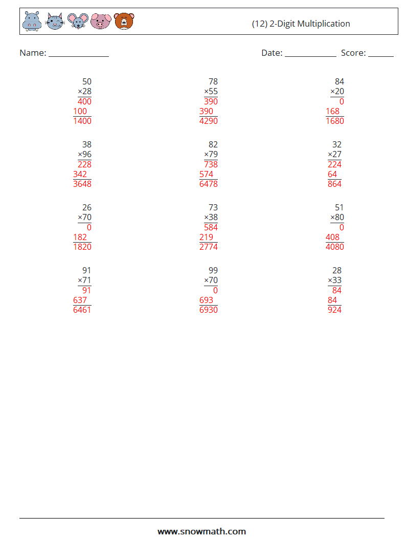 (12) 2-Digit Multiplication Math Worksheets 12 Question, Answer