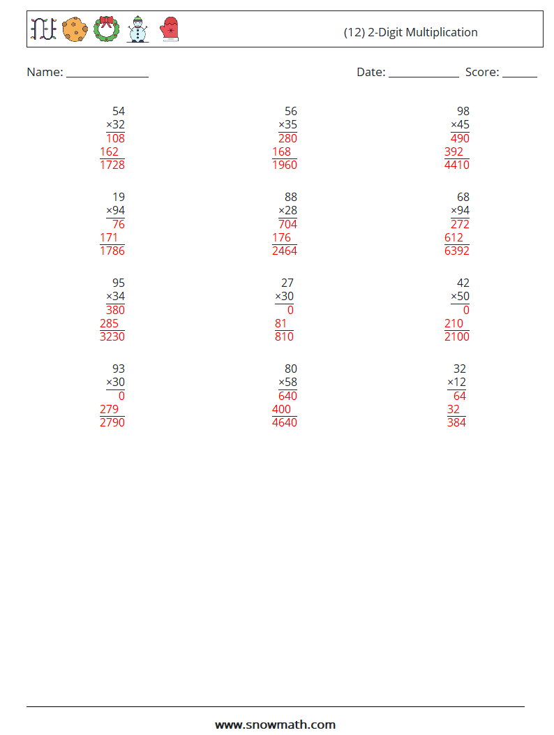 (12) 2-Digit Multiplication Math Worksheets 16 Question, Answer