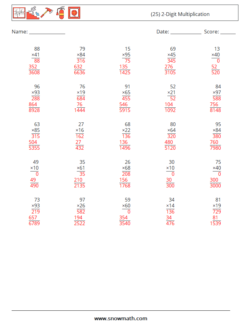 (25) 2-Digit Multiplication Math Worksheets 11 Question, Answer