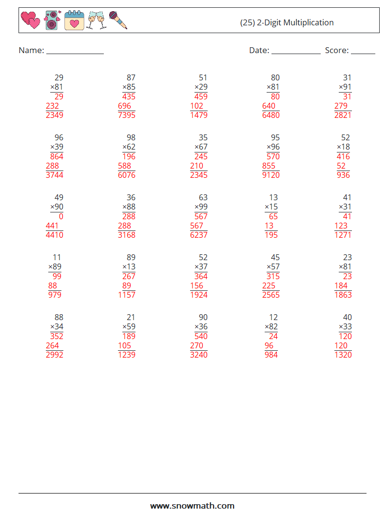 (25) 2-Digit Multiplication Math Worksheets 13 Question, Answer