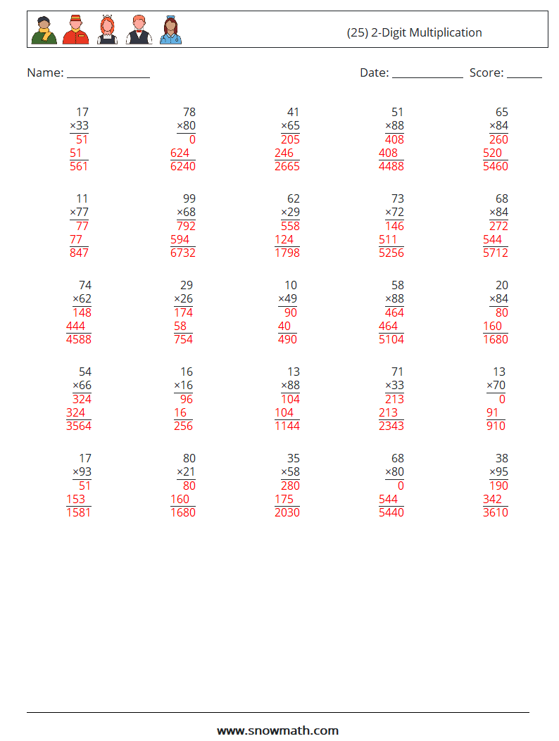 (25) 2-Digit Multiplication Math Worksheets 16 Question, Answer