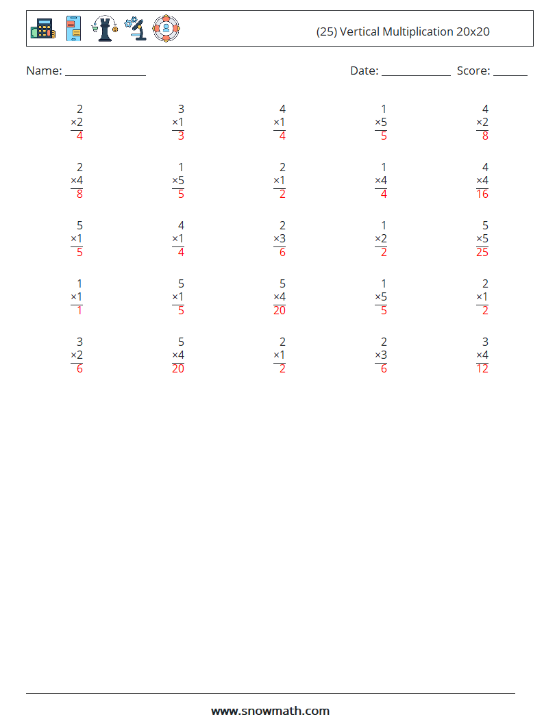 (25) Vertical Multiplication 20x20 Math Worksheets 12 Question, Answer