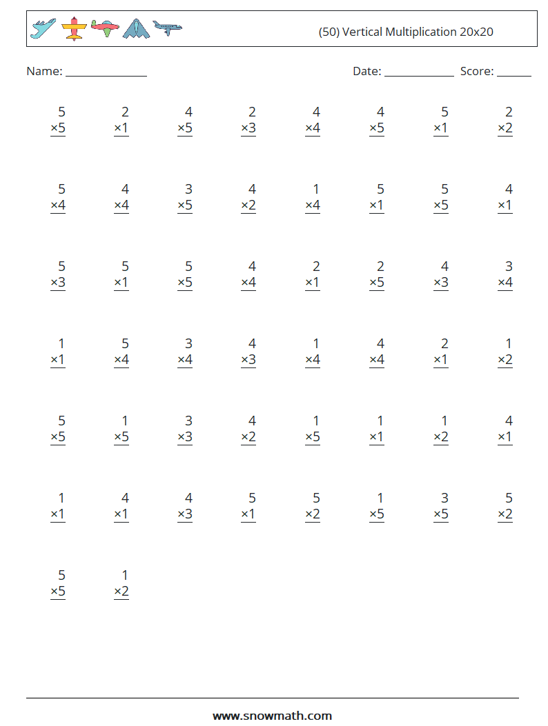 (50) Vertical Multiplication 20x20 Math Worksheets 15