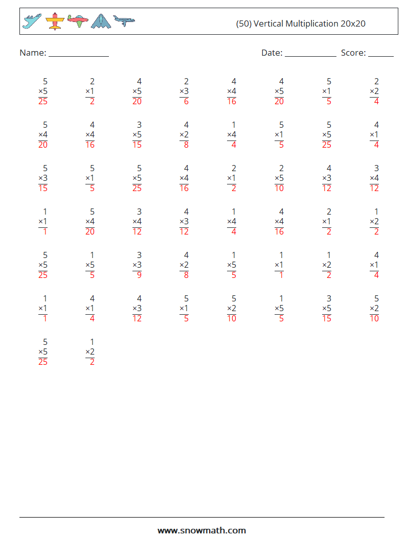 (50) Vertical Multiplication 20x20 Math Worksheets 15 Question, Answer