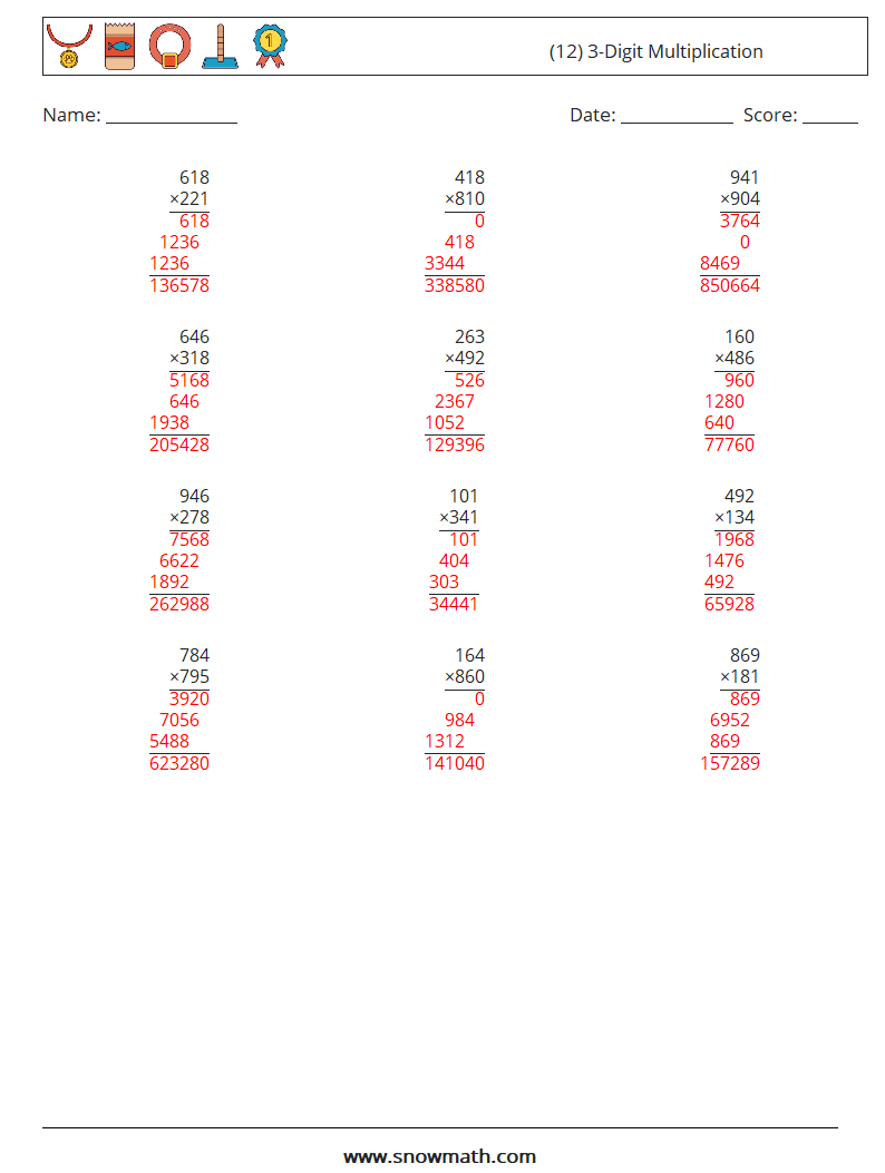 (12) 3-Digit Multiplication Math Worksheets 10 Question, Answer