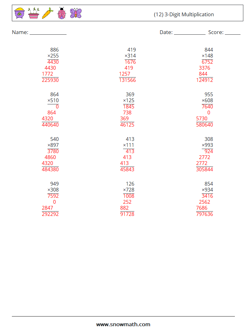 (12) 3-Digit Multiplication Math Worksheets 16 Question, Answer